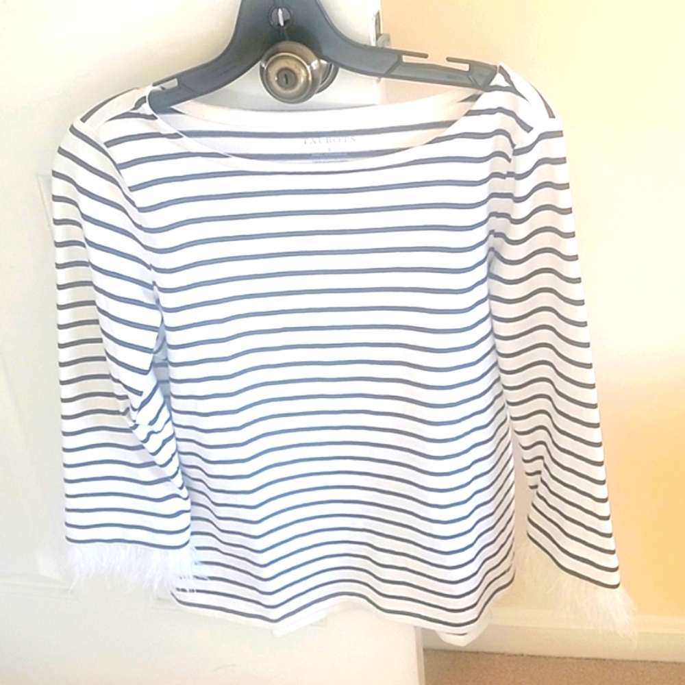 Talbots striped Cotton with removable Ostrich feather cuff bateau neck top